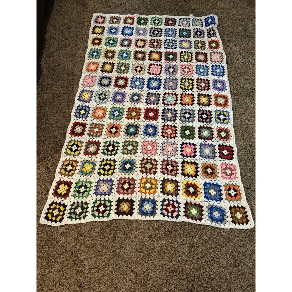 Vintage Crochet Afghan Blanket Granny Square Multicolor White Background 68”x46”